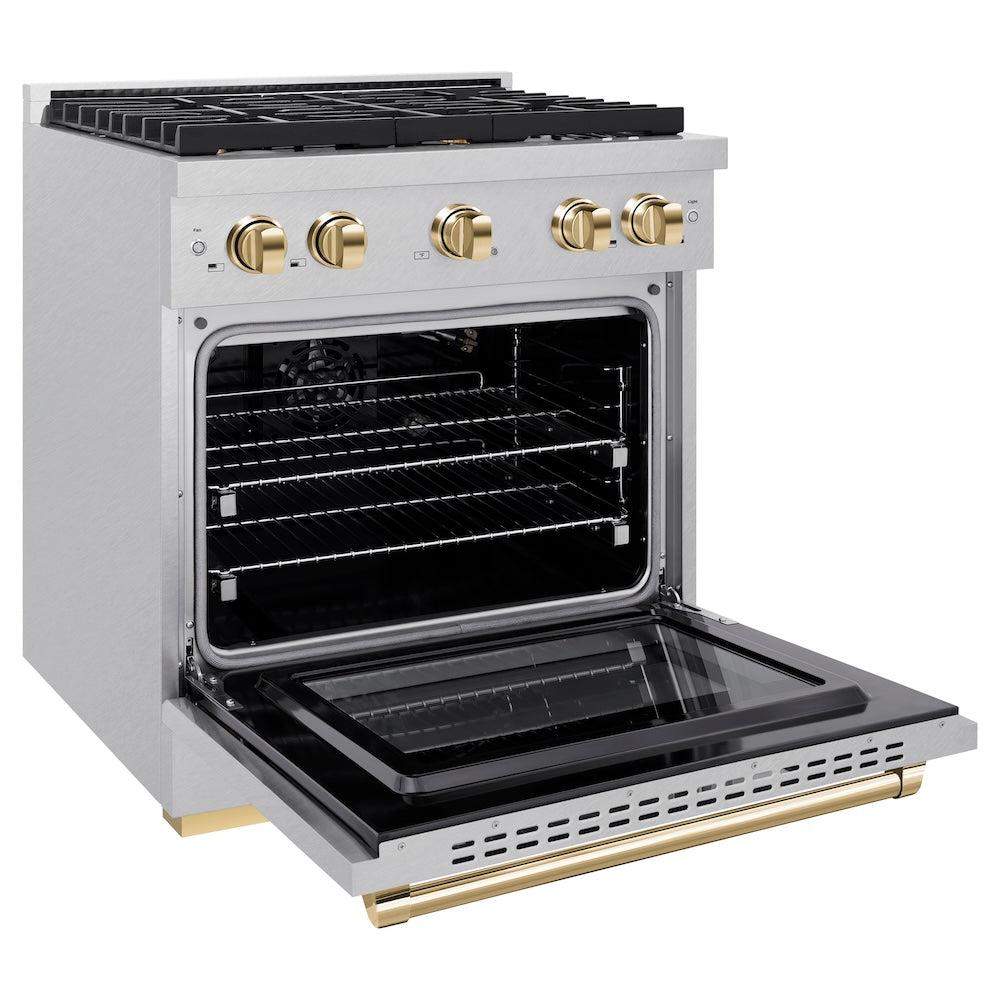 ZLINE Autograph Edition 30 in. 4.2 cu. ft. Paramount Gas Range with 4 Burner Cooktop and Convection Gas Oven in DuraSnow® Stainless Steel and Polished Gold Accents (SGRSZ-30-G) side, oven open.