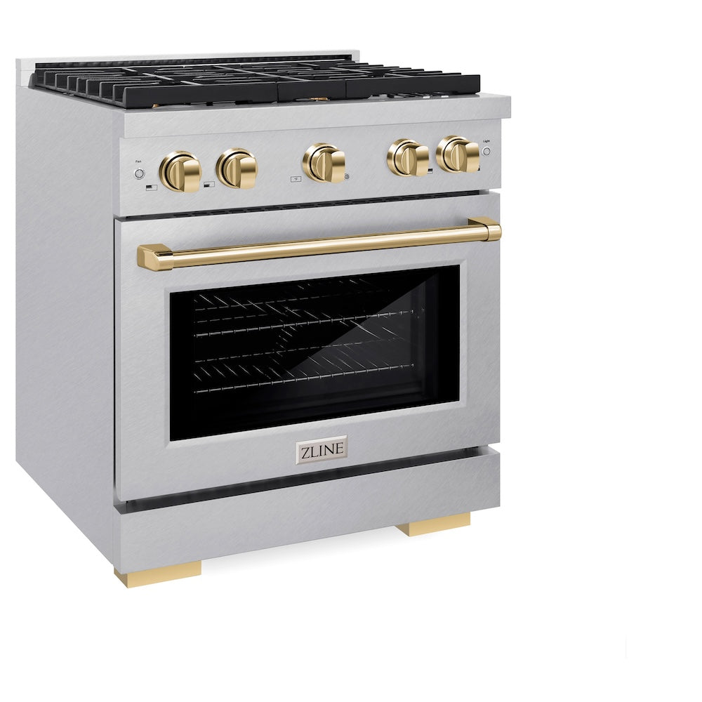 ZLINE Autograph Edition 30 in. 4.2 cu. ft. 4 Burner Gas Range with Convection Gas Oven in DuraSnow® Stainless Steel and Polished Gold Accents (SGRSZ-30-G) side, oven closed.