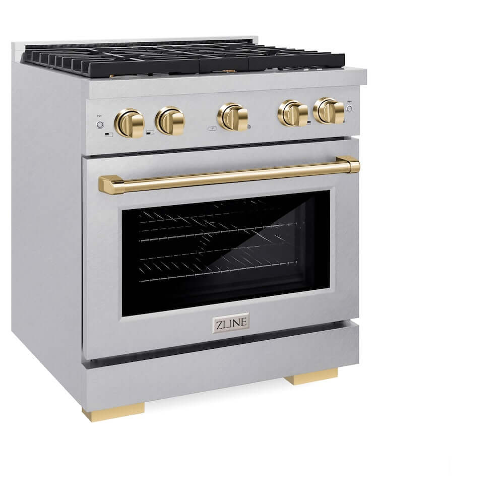 ZLINE Autograph Edition 30 in. 4.2 cu. ft. 4 Burner Gas Range with Convection Gas Oven in DuraSnow® Stainless Steel and Polished Gold Accents (SGRSZ-30-G) side, oven closed.