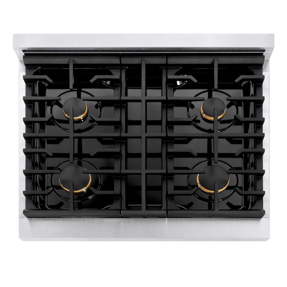 ZLINE Autograph Edition 30 in. 4.2 cu. ft. 4 Burner Gas Range with Convection Gas Oven in DuraSnow® Stainless Steel and Polished Gold Accents (SGRSZ-30-G) from above, showing gas burners, black porcelain cooktop, and cast-iron grates.