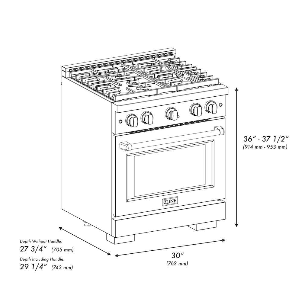 ZLINE Autograph Edition 30 in. 4.2 cu. ft. 4 Burner Gas Range with Convection Gas Oven in DuraSnow® Stainless Steel and Matte Black Accents (SGRSZ-30-MB) dimensional diagram with measurements.