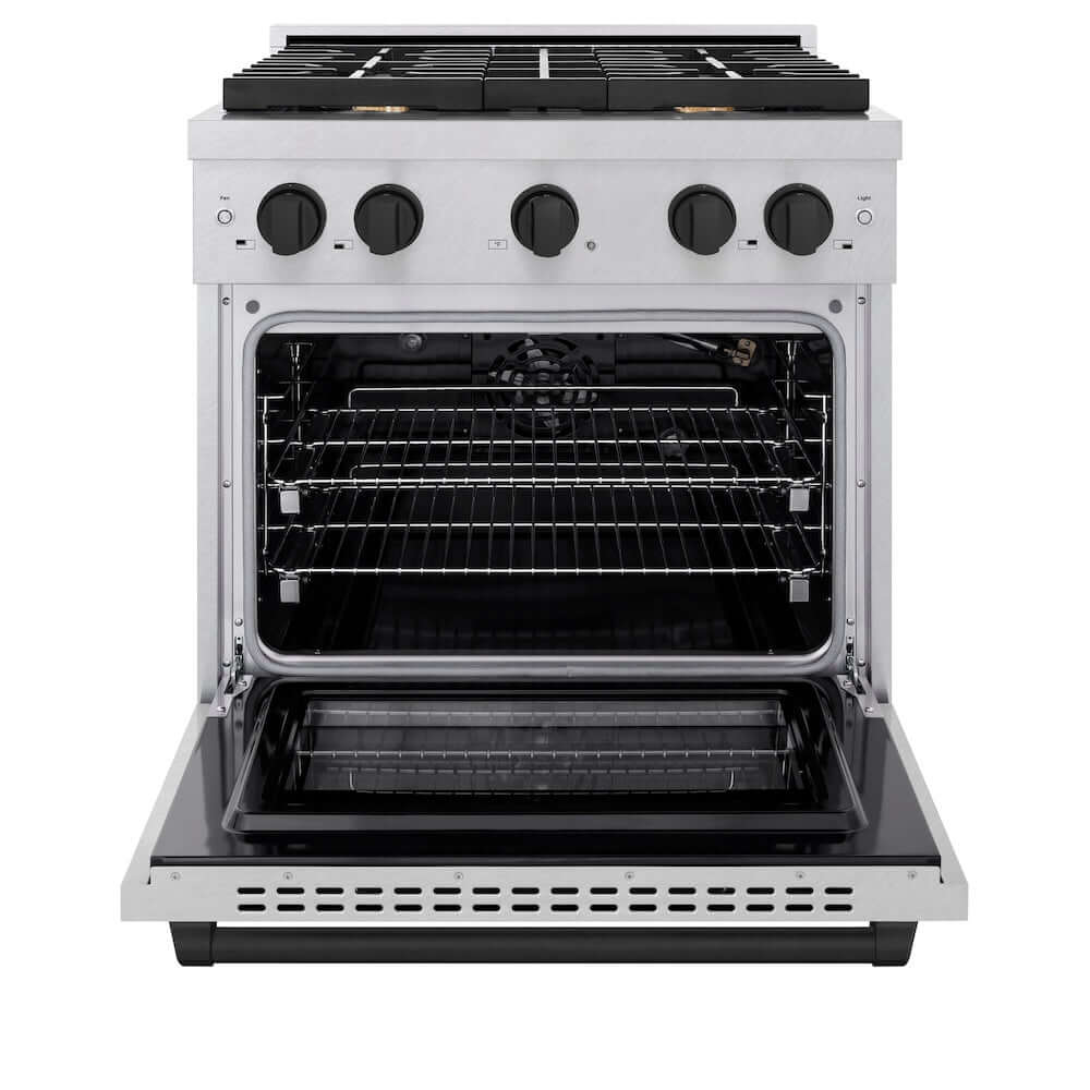 ZLINE Autograph Edition 30 in. 4.2 cu. ft. 4 Burner Gas Range with Convection Gas Oven in DuraSnow® Stainless Steel and Matte Black Accents (SGRSZ-30-MB) front, oven open.