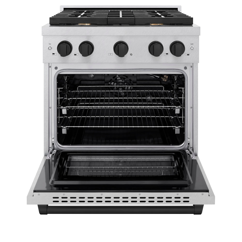 ZLINE Autograph Edition 30 in. 4.2 cu. ft. Paramount Gas Range with 4 Burner Cooktop and Convection Gas Oven in DuraSnow® Stainless Steel and Matte Black Accents (SGRSZ-30-MB) front, oven open.