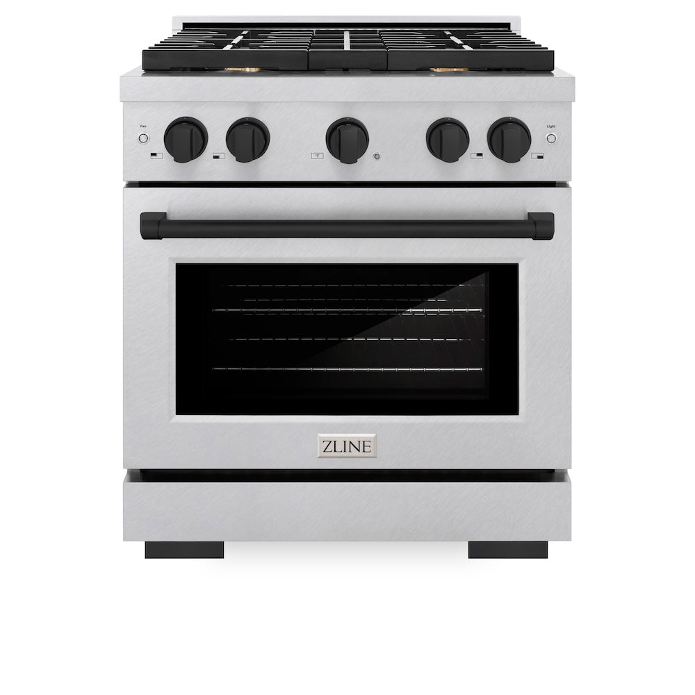 ZLINE Autograph Edition 30 in. 4.2 cu. ft. Paramount Gas Range with 4 Burner Cooktop and Convection Gas Oven in DuraSnow® Stainless Steel and Matte Black Accents (SGRSZ-30-MB) front, oven closed.