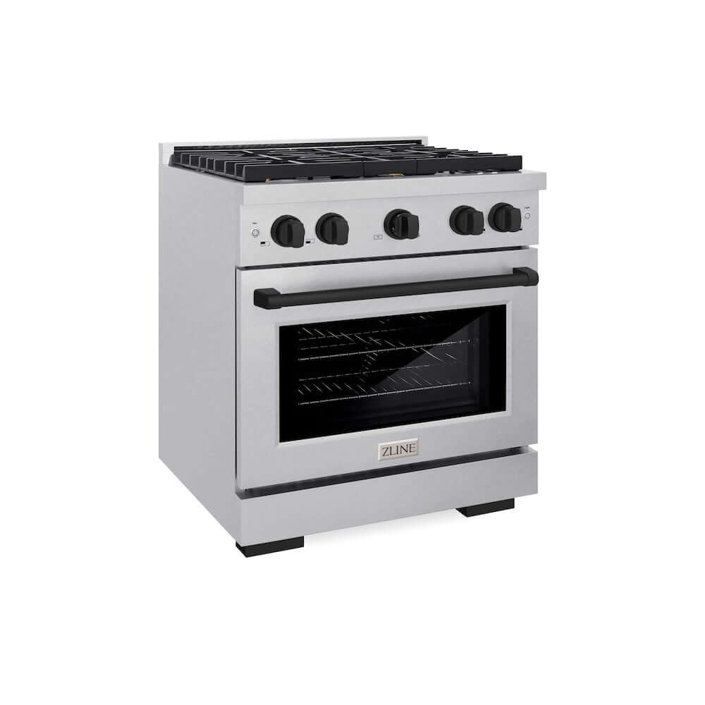 ZLINE Autograph Edition 30 in. 4.2 cu. ft. Paramount Gas Range with 4 Burner Cooktop and Convection Gas Oven in DuraSnow® Stainless Steel and Matte Black Accents (SGRSZ-30-MB) side, oven closed.