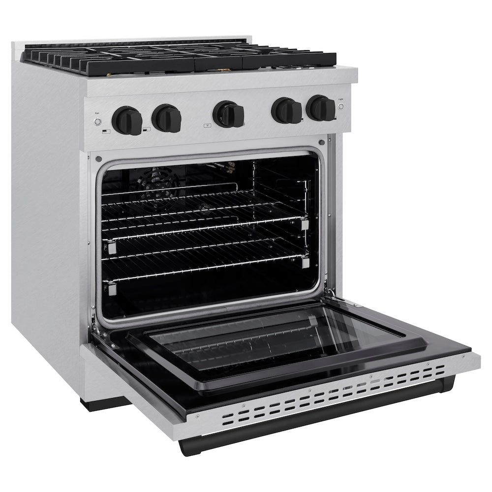 ZLINE Autograph Edition 30 in. 4.2 cu. ft. Paramount Gas Range with 4 Burner Cooktop and Convection Gas Oven in DuraSnow® Stainless Steel and Matte Black Accents (SGRSZ-30-MB) side, oven open.