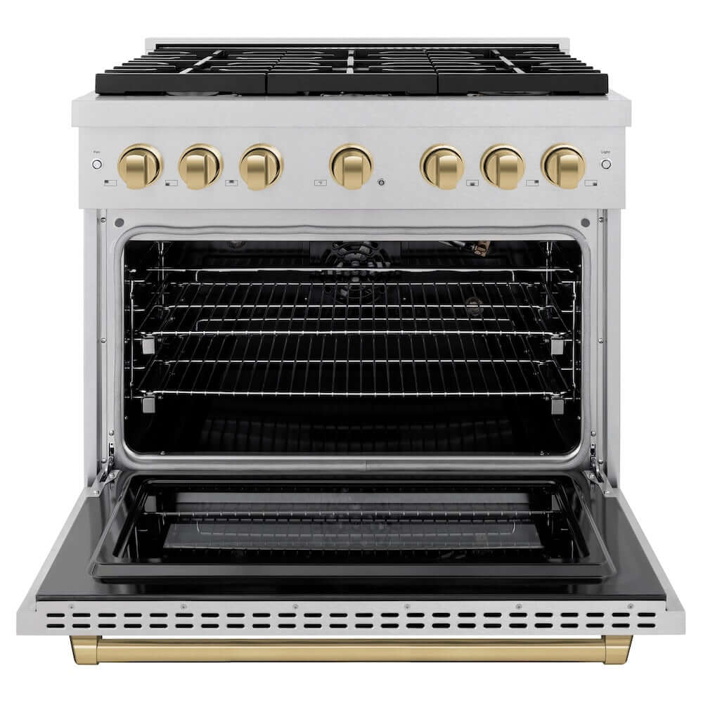 ZLINE Autograph Edition 36 in. 5.2 cu. ft. Paramount Gas Range with 6 Burner Cooktop and Convection Gas Oven in DuraSnow® Stainless Steel and Champagne Bronze Accents (SGRSZ-36-CB) front, oven open.