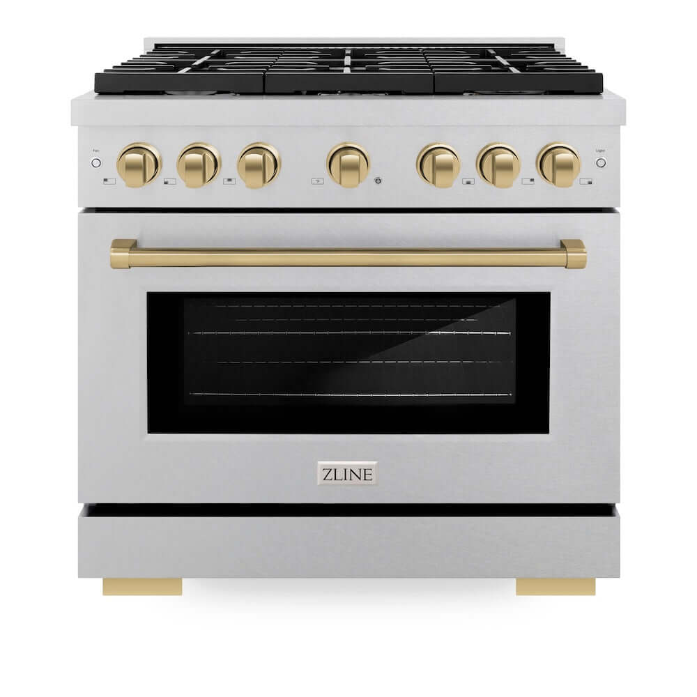 ZLINE Autograph Edition 36 in. 5.2 cu. ft. Paramount Gas Range with 6 Burner Cooktop and Convection Gas Oven in DuraSnow® Stainless Steel and Champagne Bronze Accents (SGRSZ-36-CB) front, oven closed.