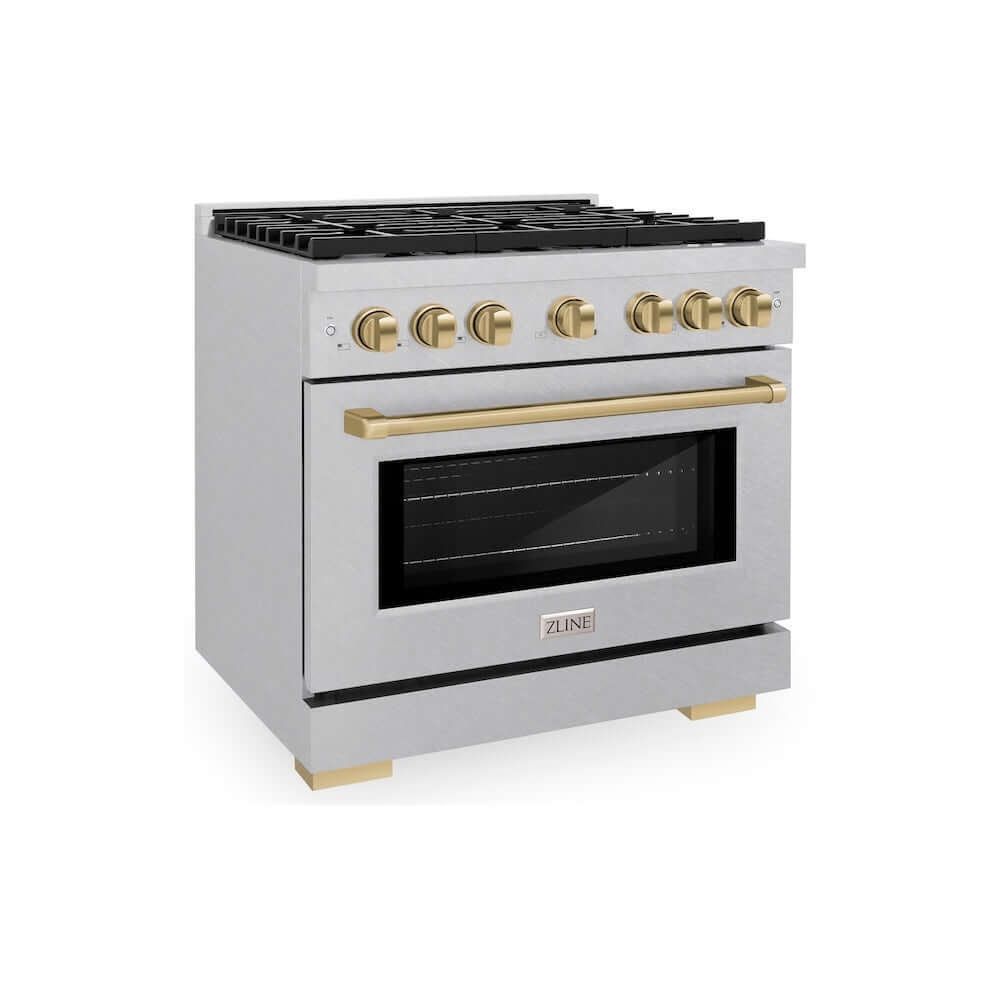 ZLINE Autograph Edition 36 in. 5.2 cu. ft. 6 Burner Gas Range with Convection Gas Oven in DuraSnow® Stainless Steel and Champagne Bronze Accents (SGRSZ-36-CB) 