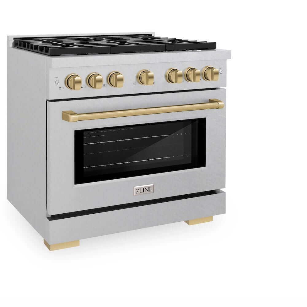 ZLINE Autograph Edition 36 in. 5.2 cu. ft. Paramount Gas Range with 6 Burner Cooktop and Convection Gas Oven in DuraSnow® Stainless Steel and Champagne Bronze Accents (SGRSZ-36-CB) side, oven closed.