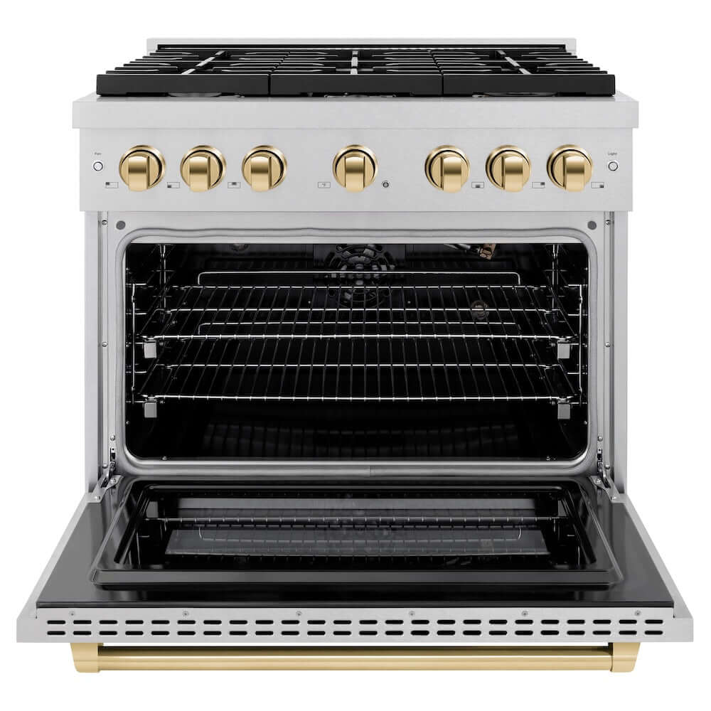 ZLINE Autograph Edition 36 in. 5.2 cu. ft. Paramount Gas Range with 6 Burner Cooktop and Convection Gas Oven in DuraSnow® Stainless Steel and Polished Gold Accents (SGRSZ-36-G) front, oven open.