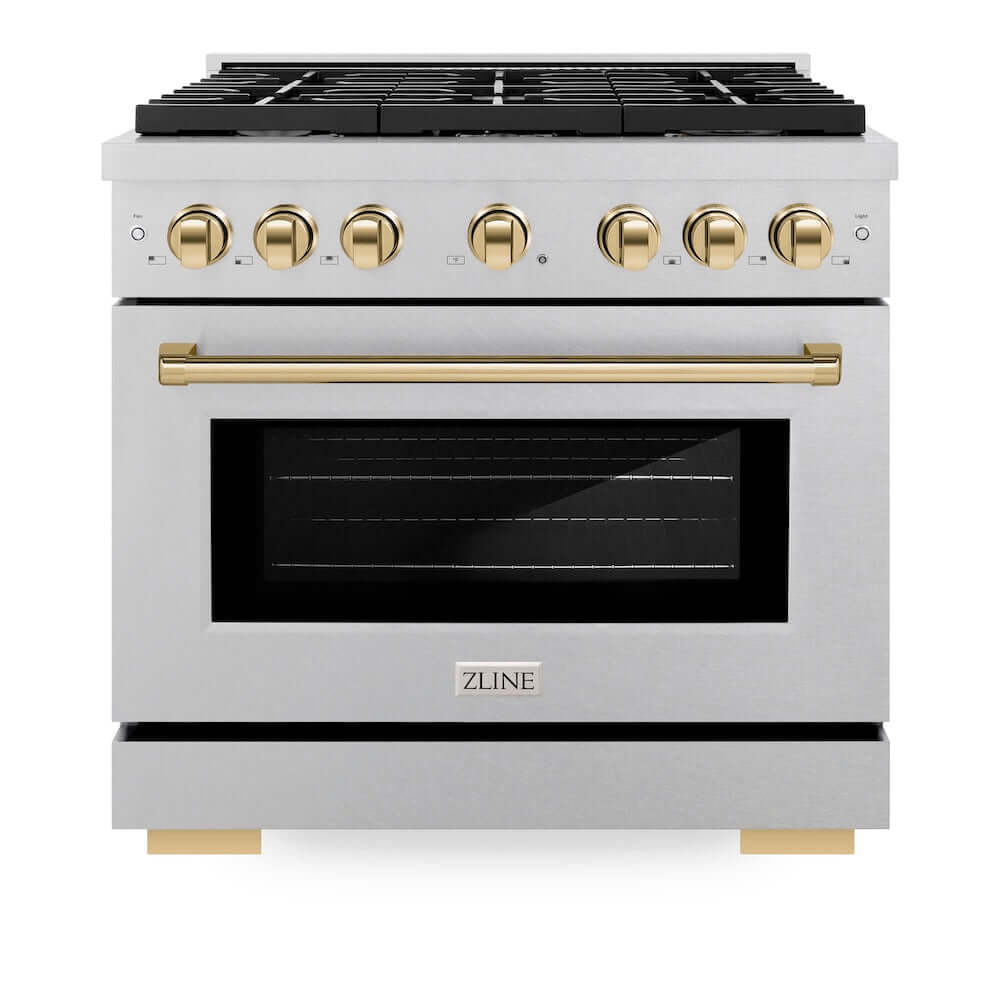 ZLINE Autograph Edition 36 in. 5.2 cu. ft. Paramount Gas Range with 6 Burner Cooktop and Convection Gas Oven in DuraSnow® Stainless Steel and Polished Gold Accents (SGRSZ-36-G) front, oven closed.