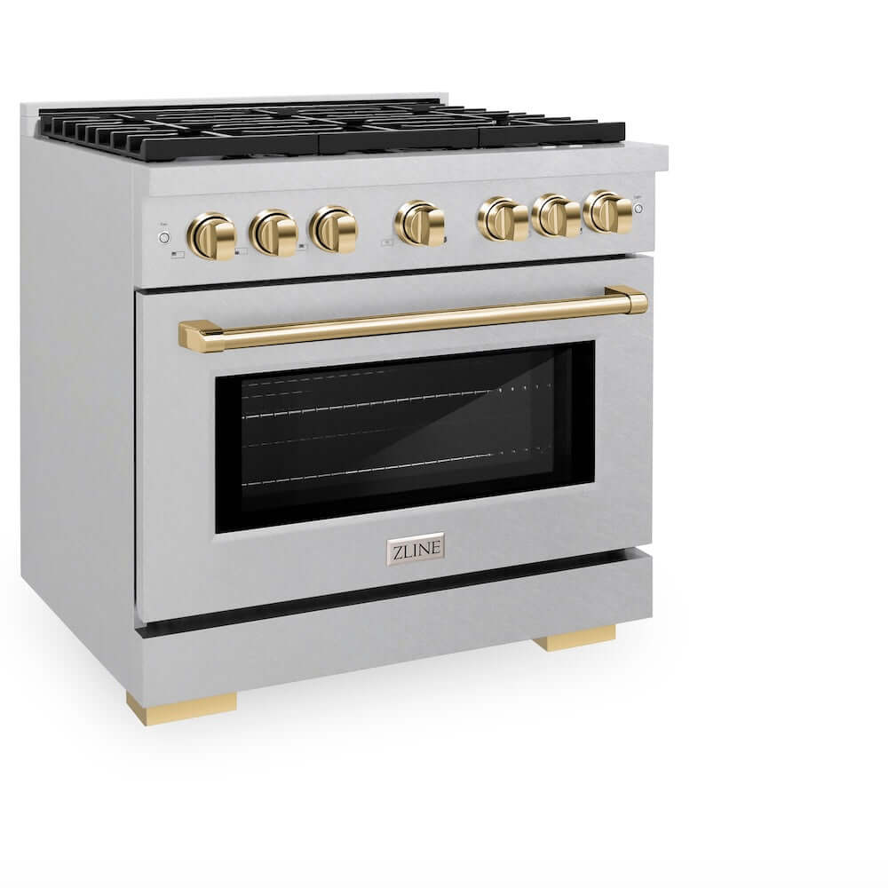 ZLINE Autograph Edition 36 in. 5.2 cu. ft. Paramount Gas Range with 6 Burner Cooktop and Convection Gas Oven in DuraSnow® Stainless Steel and Polished Gold Accents (SGRSZ-36-G) side, oven closed.