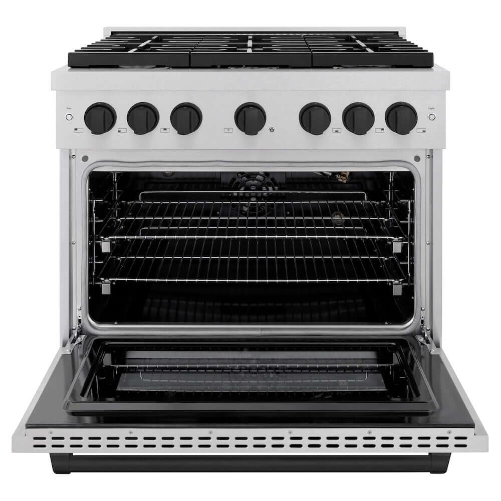 ZLINE Autograph Edition 36 in. 5.2 cu. ft. 6 Burner Gas Range with Convection Gas Oven in DuraSnow® Stainless Steel and Matte Black Accents (SGRSZ-36-MB) front, oven open.