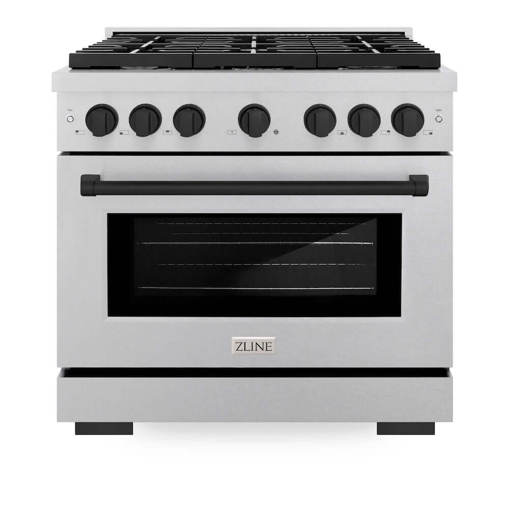 ZLINE Autograph Edition 36 in. 5.2 cu. ft. Paramount Gas Range with 6 Burner Cooktop and Convection Gas Oven in DuraSnow® Stainless Steel and Matte Black Accents (SGRSZ-36-MB) front, oven closed.