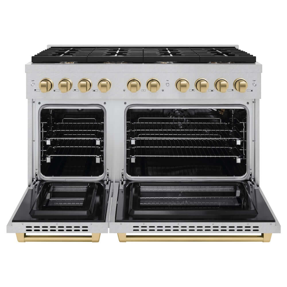 ZLINE Autograph Edition 48 in. 6.7 cu. ft. Paramount Double Oven Gas Range with 8 Burner Cooktop in DuraSnow® Stainless Steel and Champagne Bronze Accents (SGRSZ-48-CB) front, oven open.