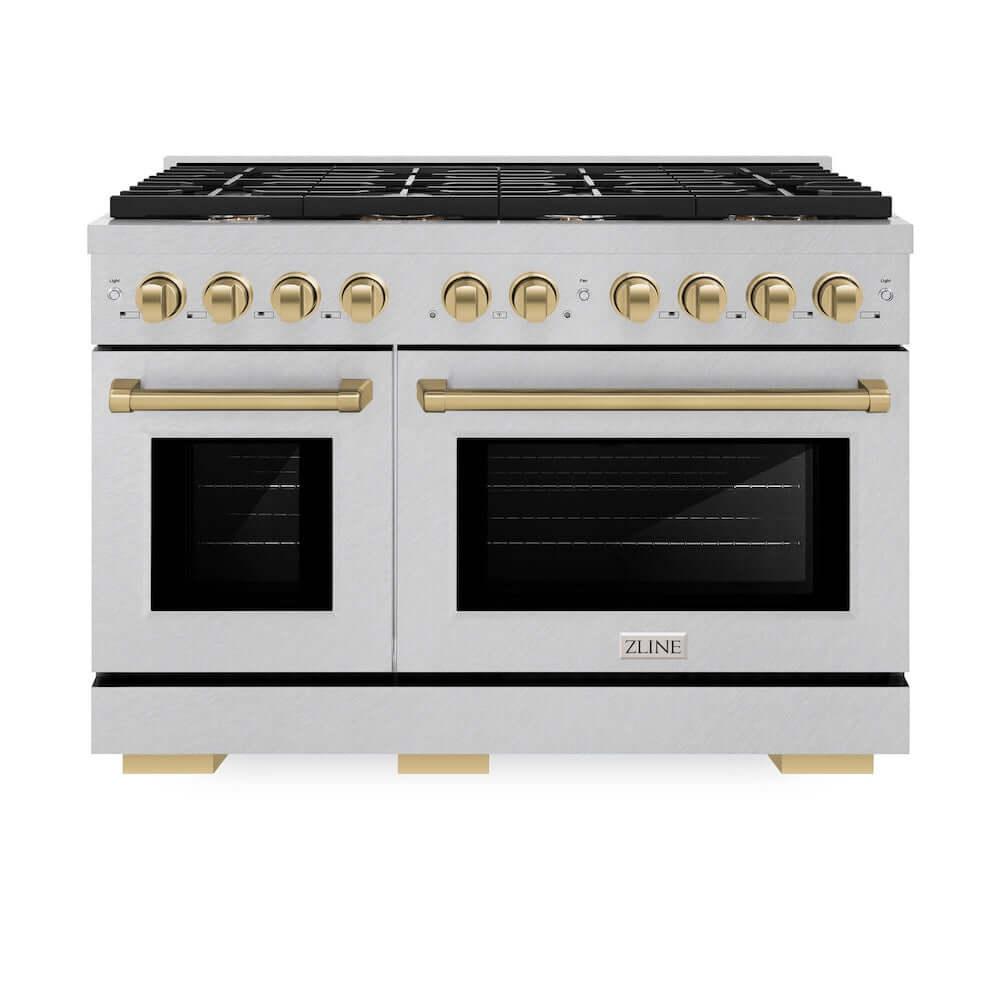 ZLINE Autograph Edition 48 in. 6.7 cu. ft. Paramount Double Oven Gas Range with 8 Burner Cooktop in DuraSnow® Stainless Steel and Champagne Bronze Accents (SGRSZ-48-CB) front, oven closed.