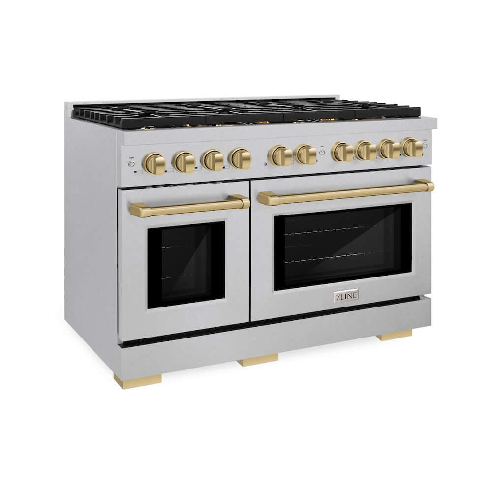 ZLINE Autograph Edition 48 in. 6.7 cu. ft. Paramount Double Oven Gas Range with 8 Burner Cooktop in DuraSnow® Stainless Steel and Champagne Bronze Accents (SGRSZ-48-CB) side, oven closed.