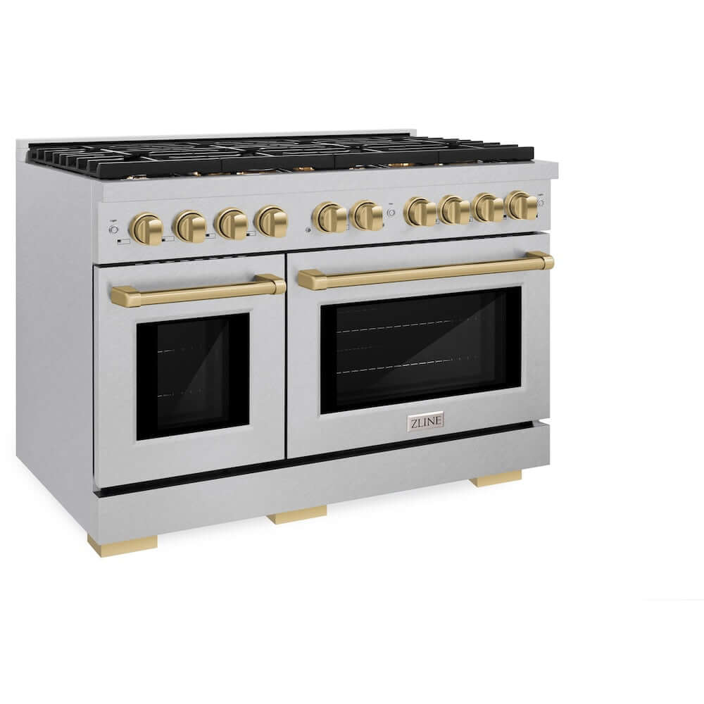 ZLINE Autograph Edition 48 in. 6.7 cu. ft. Paramount Double Oven Gas Range with 8 Burner Cooktop in DuraSnow® Stainless Steel and Champagne Bronze Accents (SGRSZ-48-CB) side, oven closed.