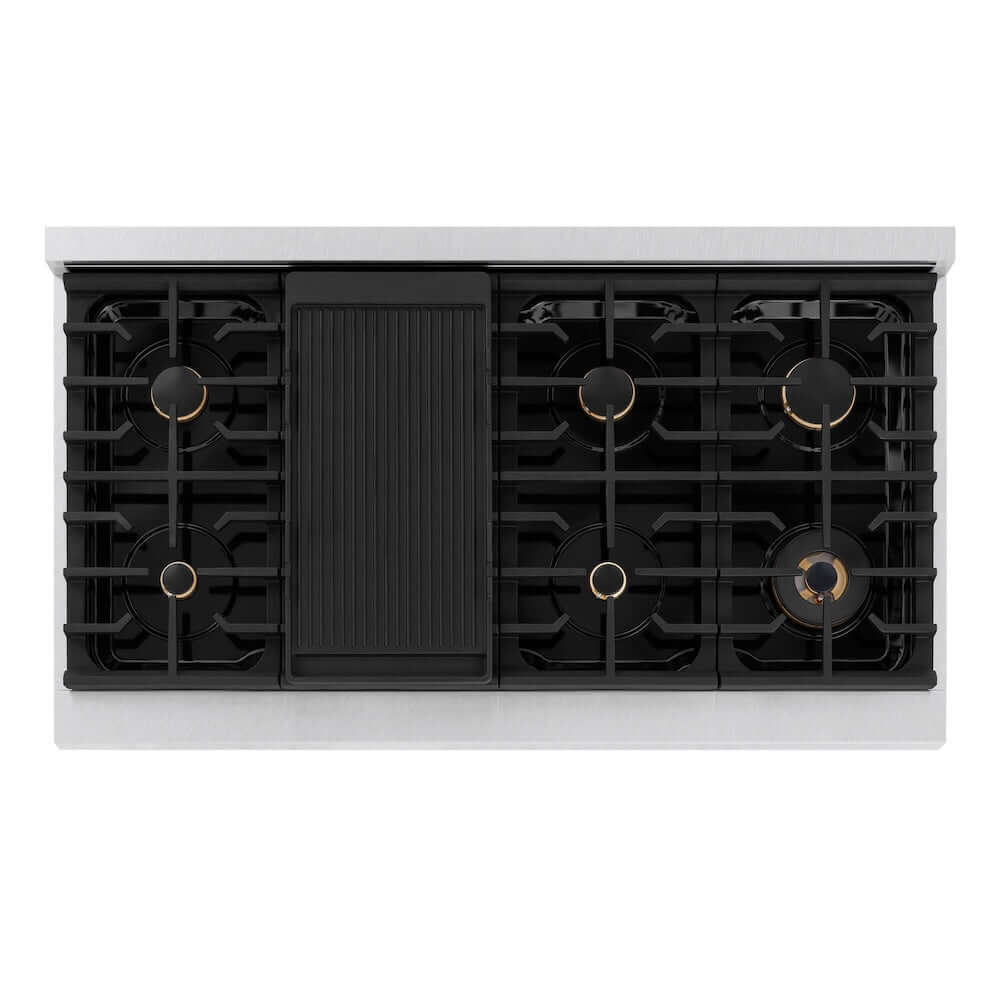 ZLINE Autograph Edition 48 in. 6.7 cu. ft. 8 Burner Double Oven Gas Range in DuraSnow® Stainless Steel and Champagne Bronze Accents (SGRSZ-48-CB) from above, showing gas burners, black porcelain cooktop, and cast-iron grates.