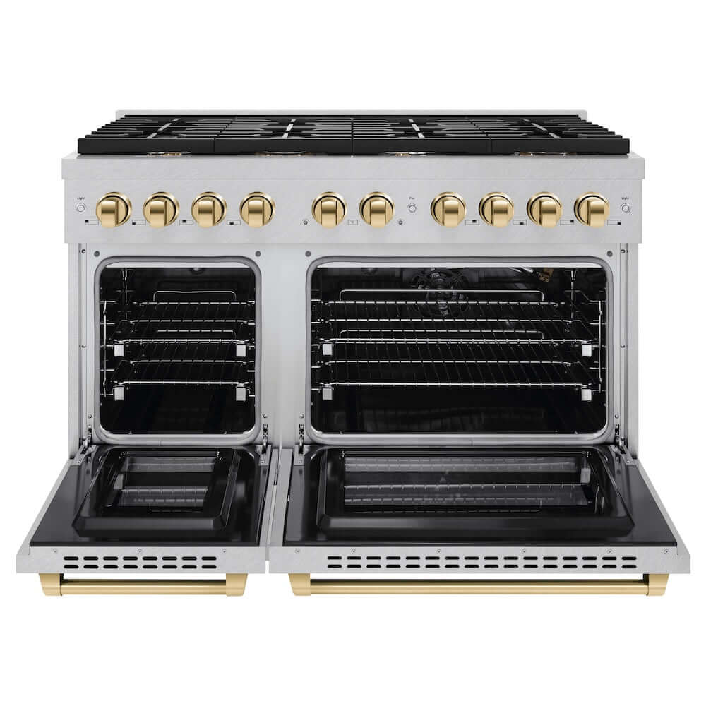 ZLINE Autograph Edition 48 in. 6.7 cu. ft. 8 Burner Double Oven Gas Range in DuraSnow® Stainless Steel and Polished Gold Accents (SGRSZ-48-G) front, oven open.