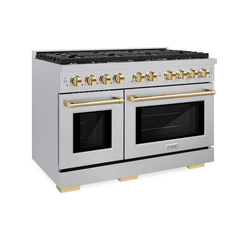 ZLINE Autograph Edition 48 in. 6.7 cu. ft. 8 Burner Double Oven Gas Range in DuraSnow® Stainless Steel and Polished Gold Accents (SGRSZ-48-G) 