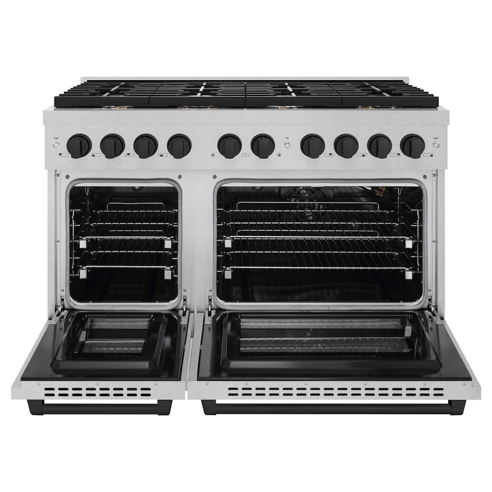 ZLINE Autograph Edition 48 in. 6.7 cu. ft. Paramount Double Oven Gas Range with 8 Burner Cooktop in Satin Stainless Steel and Matte Black Accents (SGRSZ-48-MB) front, oven open.