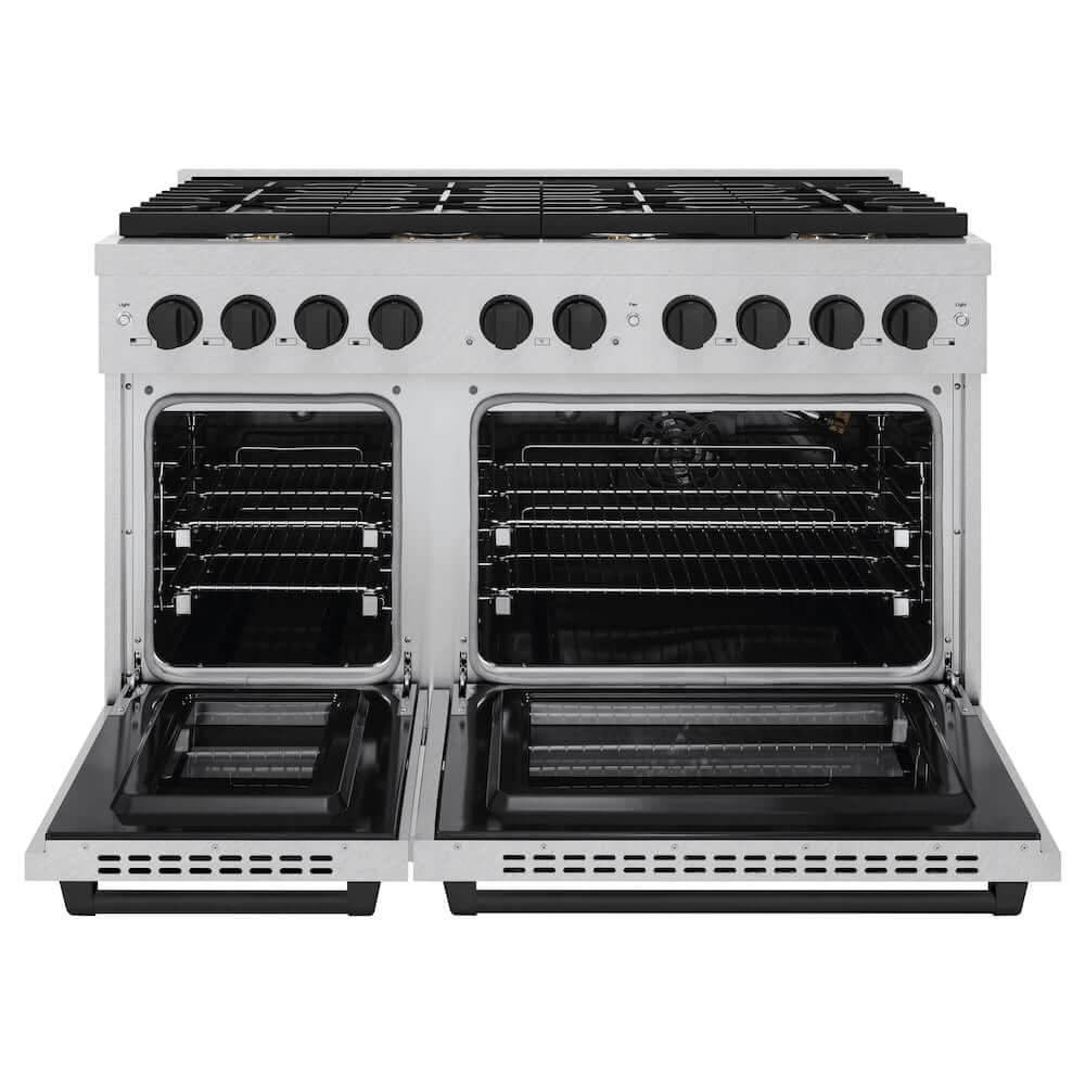 ZLINE Autograph Edition 48 in. 6.7 cu. ft. Paramount Double Oven Gas Range with 8 Burner Cooktop in DuraSnow® Stainless Steel and Matte Black Accents (SGRSZ-48-MB) front, oven open.