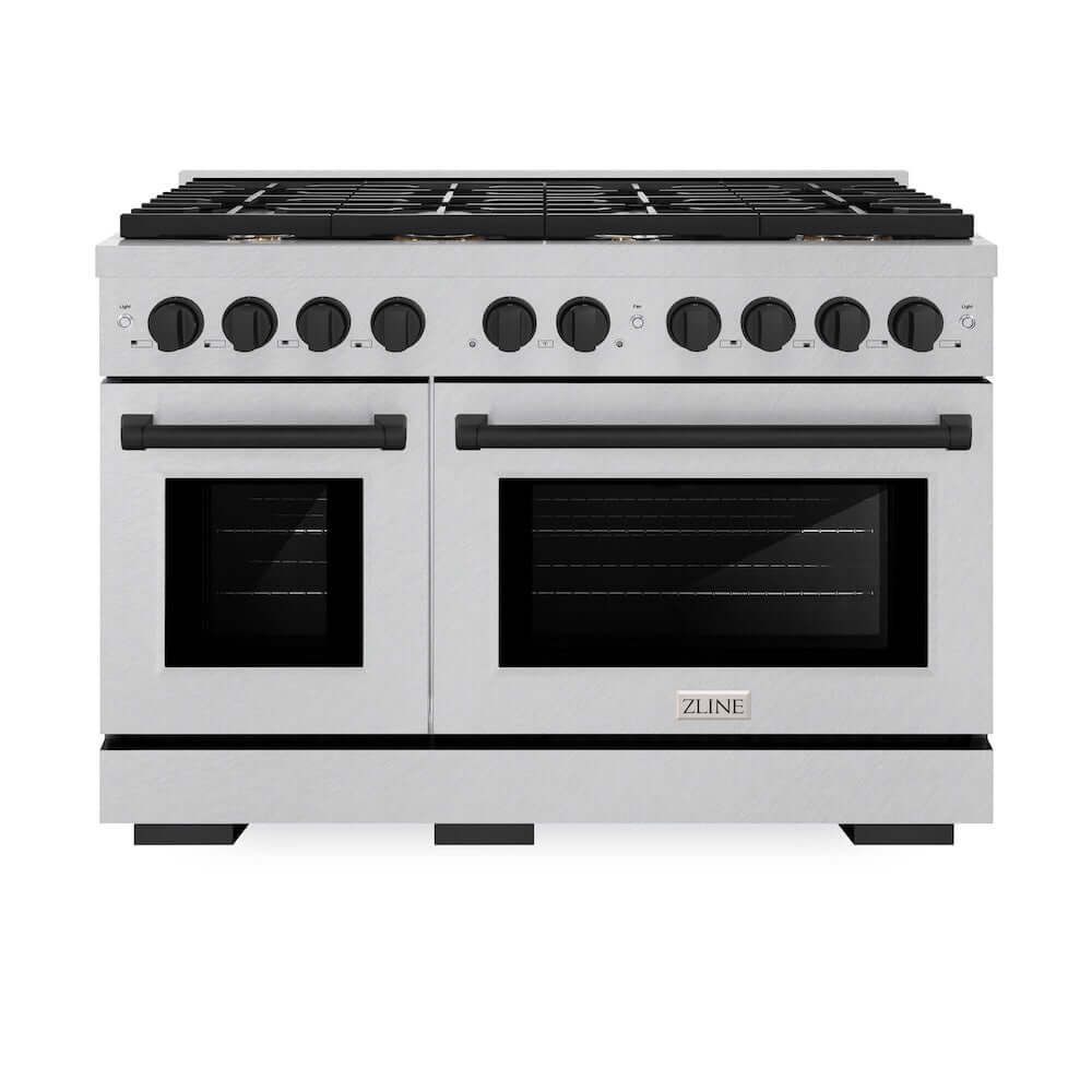 ZLINE Autograph Edition 48 in. 6.7 cu. ft. 8 Burner Double Oven Gas Range in DuraSnow® Stainless Steel and Matte Black Accents (SGRSZ-48-MB) front, oven closed.