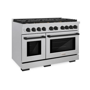 ZLINE Autograph Edition 48 in. 6.7 cu. ft. Paramount Double Oven Gas Range with 8 Burner Cooktop in Satin Stainless Steel and Matte Black Accents (SGRSZ-48-MB) main image.