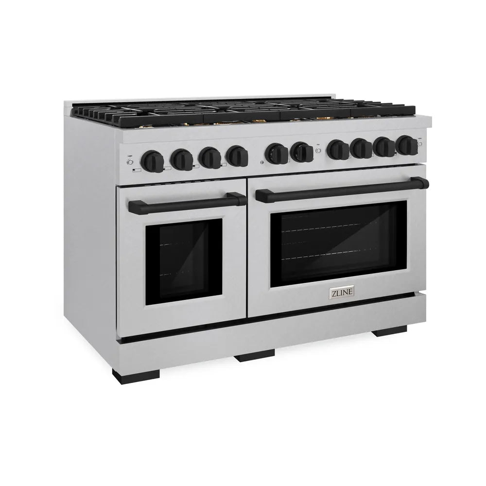 ZLINE Autograph Edition 48 in. 6.7 cu. ft. Paramount Double Oven Gas Range with 8 Burner Cooktop in Satin Stainless Steel and Matte Black Accents, Open Box-Great Condition main image.