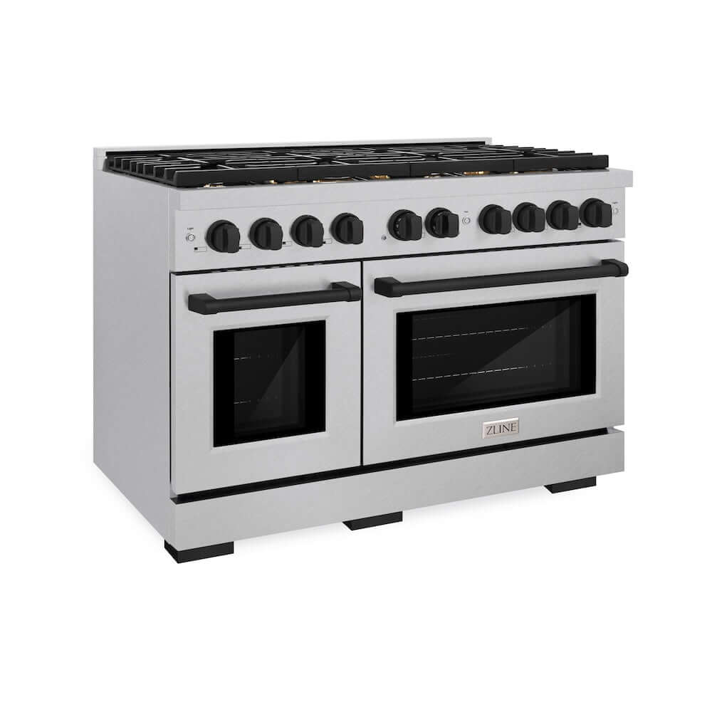 ZLINE Autograph Edition 48 in. 6.7 cu. ft. Paramount Double Oven Gas Range with 8 Burner Cooktop in DuraSnow® Stainless Steel and Matte Black Accents (SGRSZ-48-MB)