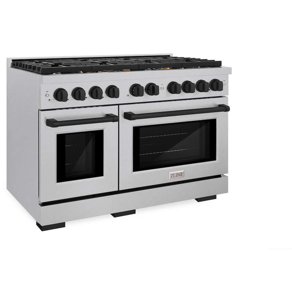 ZLINE Autograph Edition 48 in. 6.7 cu. ft. Paramount Double Oven Gas Range with 8 Burner Cooktop in DuraSnow® Stainless Steel and Matte Black Accents (SGRSZ-48-MB) side, oven closed.