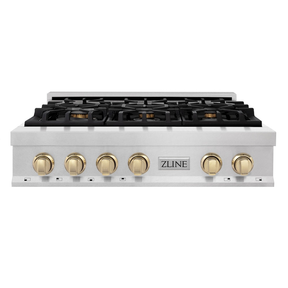 ZLINE Autograph Edition 36 in. Porcelain Rangetop with 6 Gas Burners in DuraSnow® Stainless Steel with Polished Gold Accents (RTSZ-36-G) front.