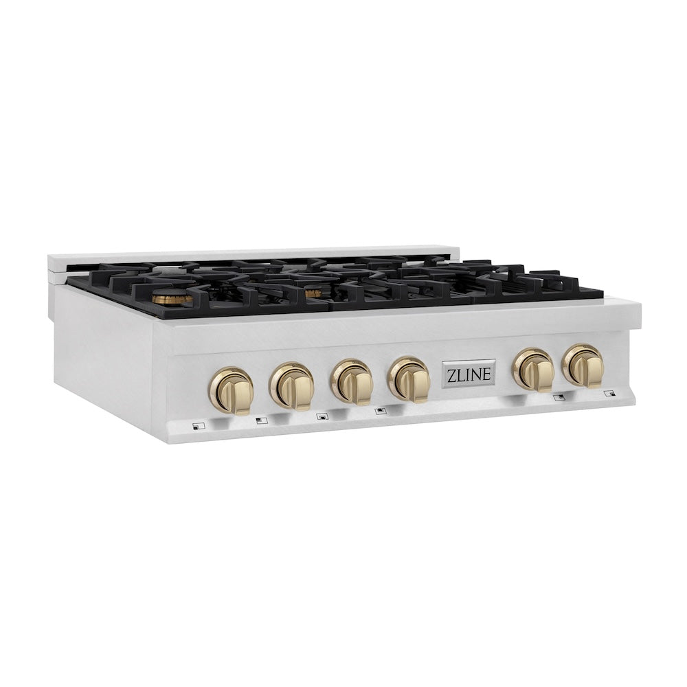 ZLINE Autograph Edition 36 in. Porcelain Rangetop with 6 Gas Burners in DuraSnow® Stainless Steel with Polished Gold Accents (RTSZ-36-G) 