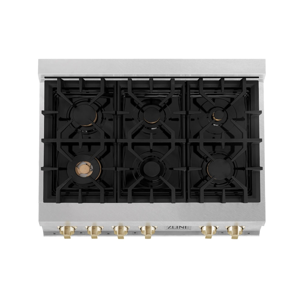 ZLINE Autograph Edition 36 in. Porcelain Rangetop with 6 Gas Burners in DuraSnow® Stainless Steel with Polished Gold Accents (RTSZ-36-G) from above, showing cooking surface.