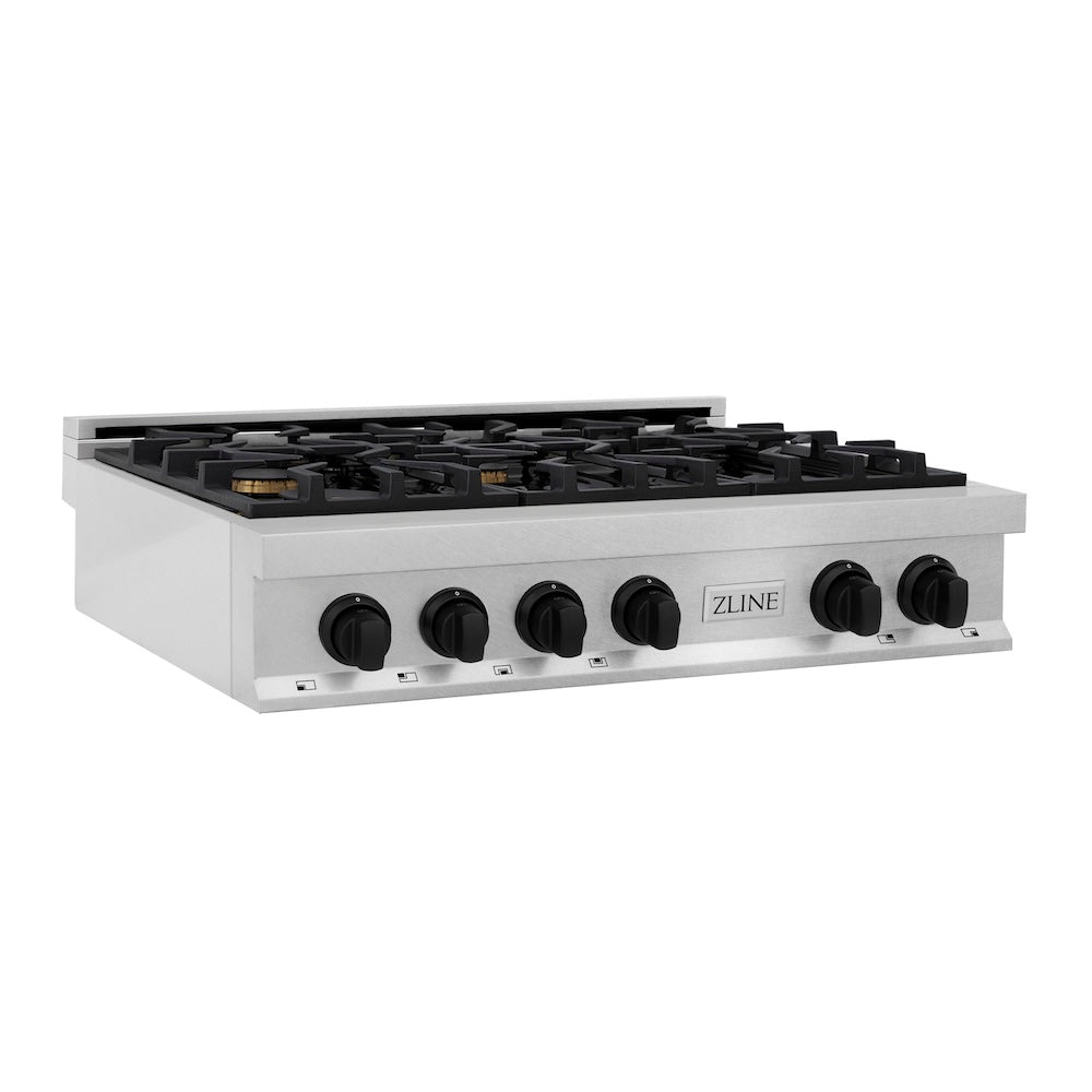 ZLINE Autograph Edition 36 in. Porcelain Rangetop with 6 Gas Burners in DuraSnow Stainless Steel with Matte Black Accents (RTSZ-36-MB) 