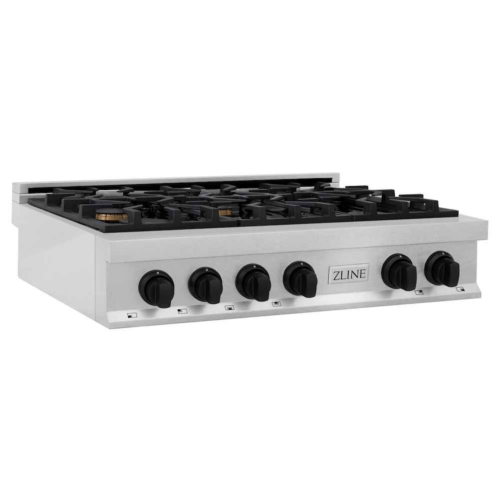ZLINE Autograph Edition 36 in. Porcelain Rangetop with 6 Gas Burners in DuraSnow Stainless Steel with Matte Black Accents (RTSZ-36-MB) side, main.