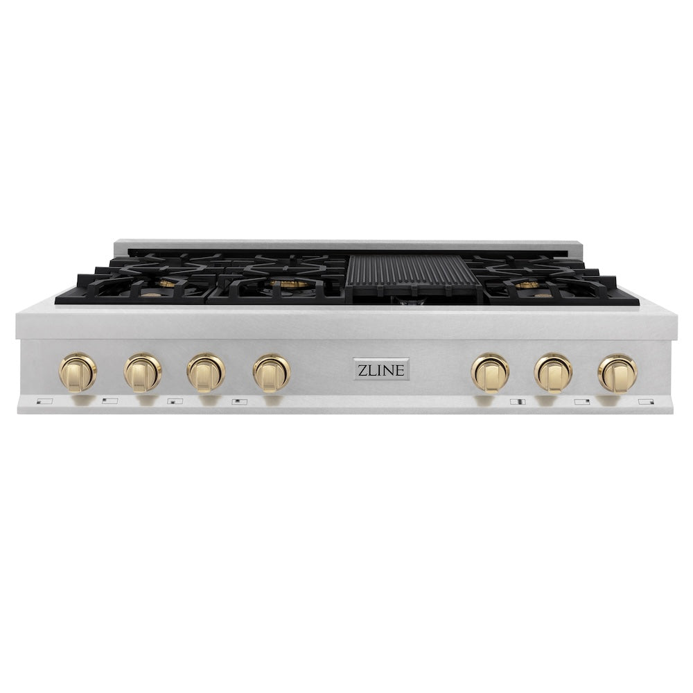 ZLINE Autograph Edition 48 in. Porcelain Rangetop with 7 Gas Burners in DuraSnow® Stainless Steel and Polished Gold Accents (RTSZ-48-G) front.