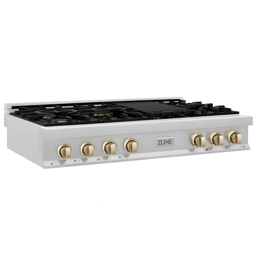 ZLINE Autograph Edition 48 in. Porcelain Rangetop with 7 Gas Burners in DuraSnow® Stainless Steel and Polished Gold Accents (RTSZ-48-G) side, main.