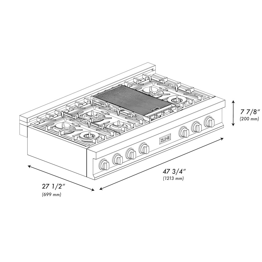 ZLINE Autograph Edition 48 in. Porcelain Rangetop with 7 Gas Burners in DuraSnow Stainless Steel and Matte Black Accents (RTSZ-48-MB) dimensional diagram with measurements.