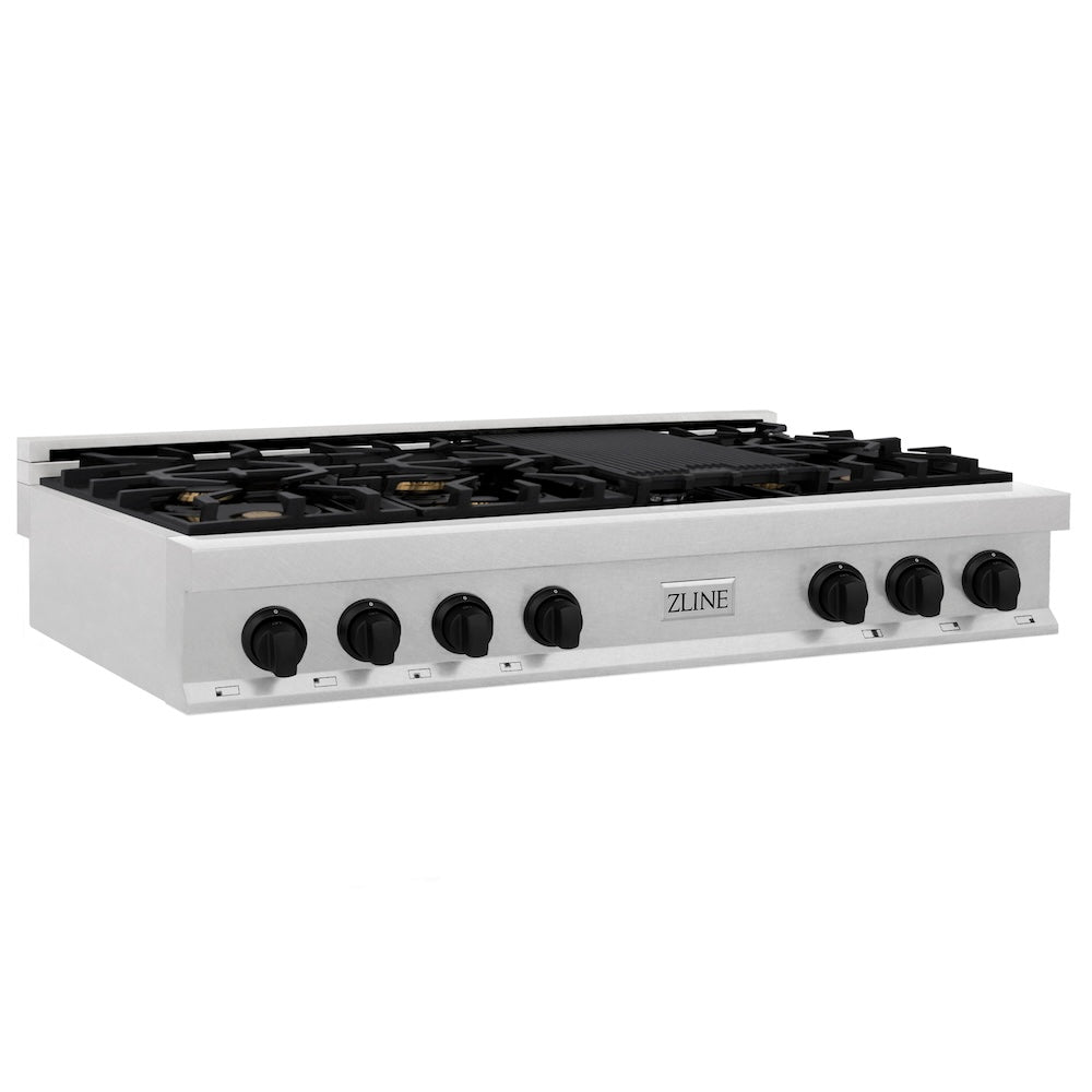 ZLINE Autograph Edition 48 in. Porcelain Rangetop with 7 Gas Burners in DuraSnow Stainless Steel and Matte Black Accents (RTSZ-48-MB) side, main.