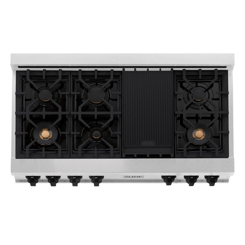 ZLINE Autograph Edition 48 in. Porcelain Rangetop with 7 Gas Burners in DuraSnow Stainless Steel and Matte Black Accents (RTSZ-48-MB) from above, showing cooking surface.
