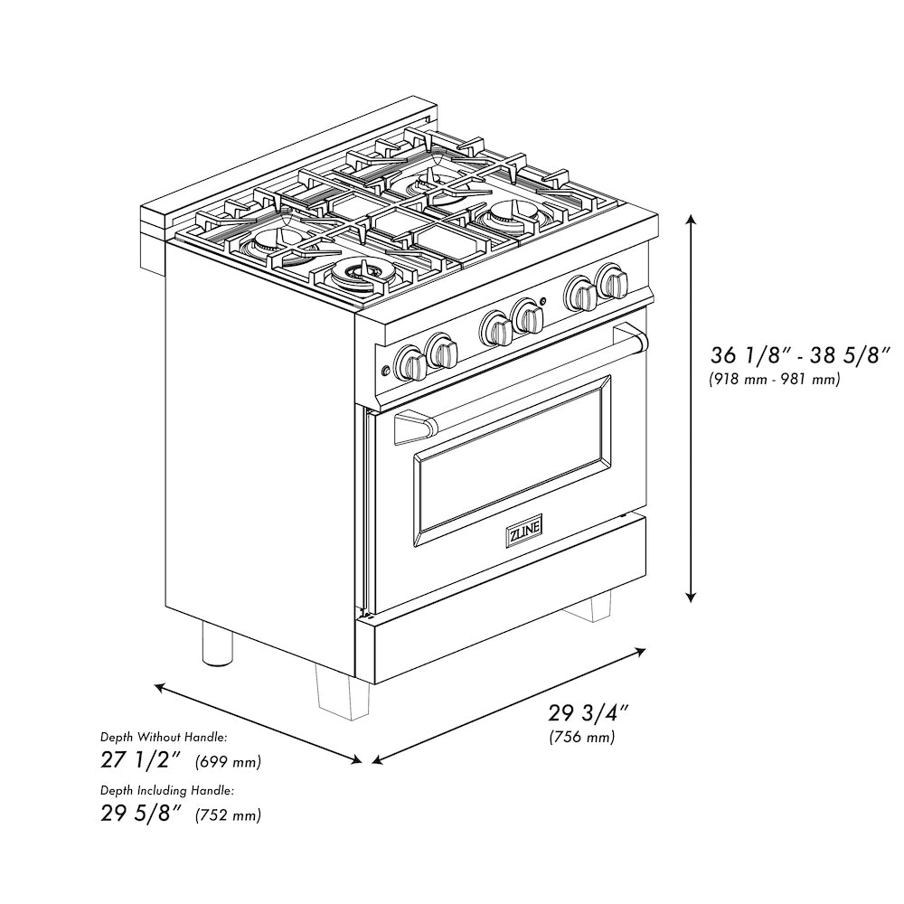 ZLINE Autograph Edition 30 in. 4.0 cu. ft. Legacy Dual Fuel Range with 4 Burner Gas Cooktop and Electric Convection Oven in DuraSnow® Stainless Steel with White Matte Door and Champagne Bronze Accents (RASZ-WM-30-CB) dimensional diagram.