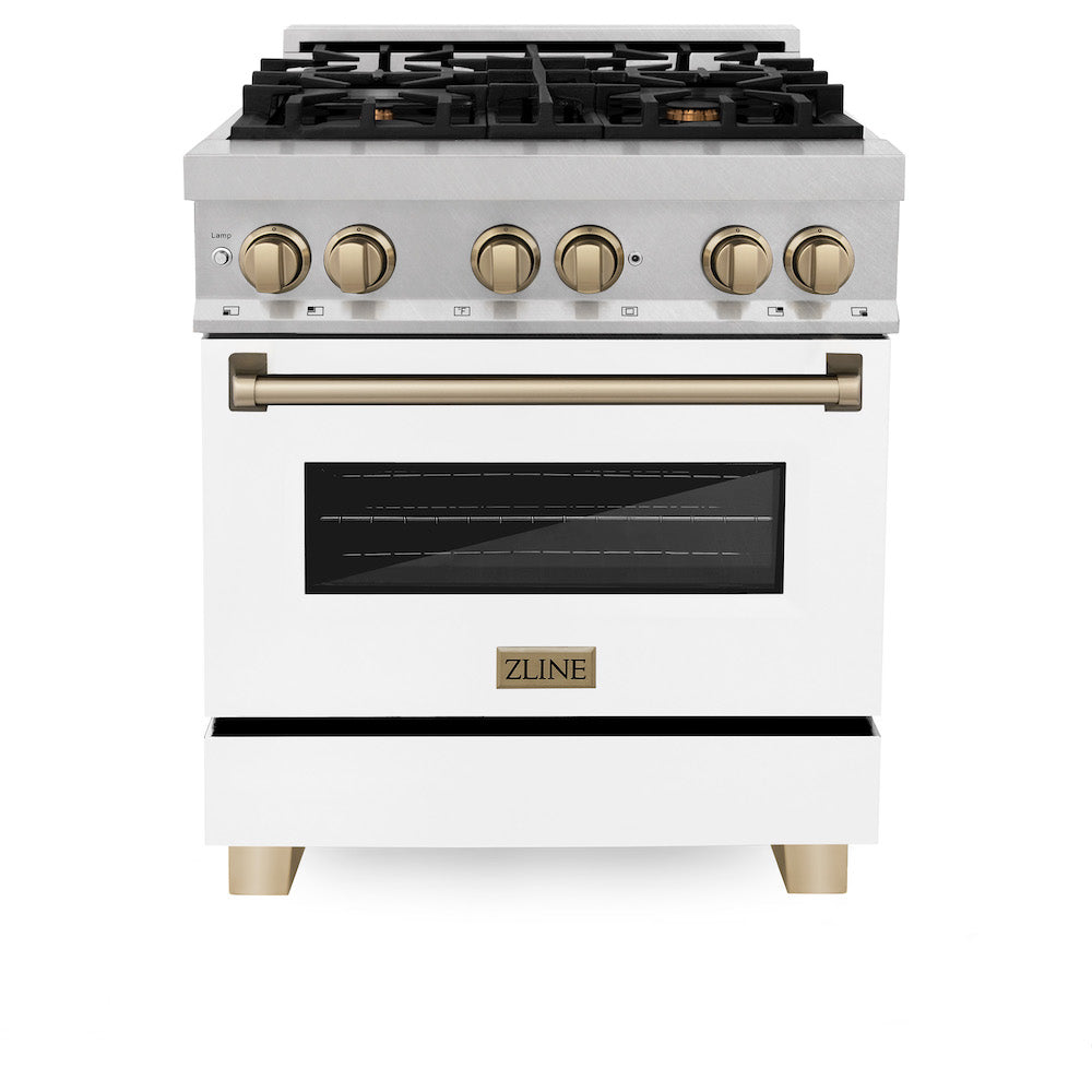 ZLINE Autograph Edition 30 in. 4.0 cu. ft. Legacy Dual Fuel Range with 4 Burner Gas Cooktop and Electric Convection Oven in DuraSnow® Stainless Steel with White Matte Door and Champagne Bronze Accents (RASZ-WM-30-CB) front, oven closed.