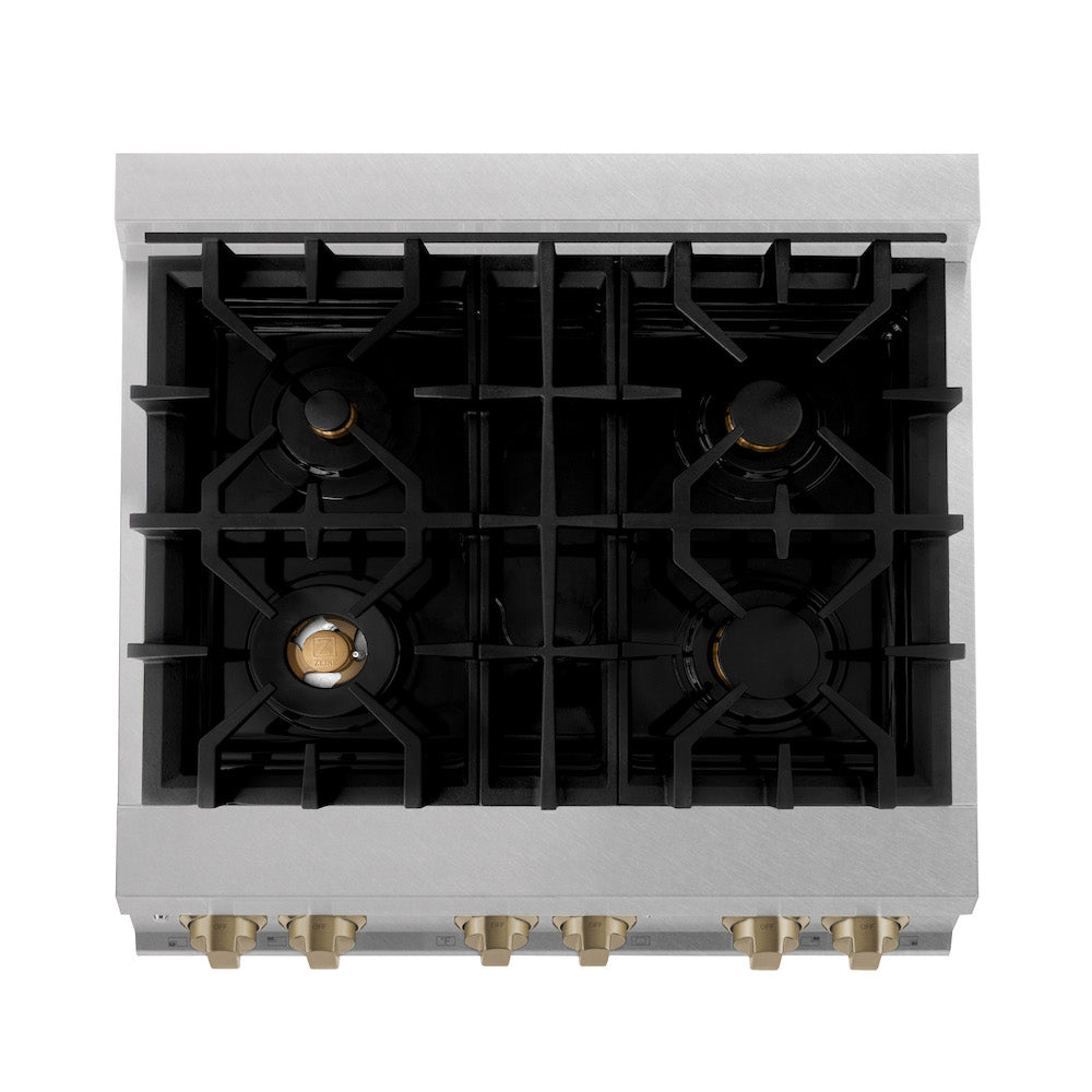 ZLINE Autograph Edition 30 in. 4.0 cu. ft. Legacy Dual Fuel Range with 4 Burner Gas Cooktop and Electric Convection Oven in DuraSnow® Stainless Steel with White Matte Door and Champagne Bronze Accents (RASZ-WM-30-CB) top down, above cooktop.