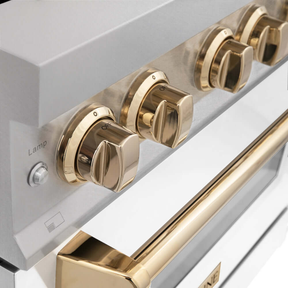 ZLINE Polished Gold oven and cooktop knobs on Autograph Edition dual fuel range.
