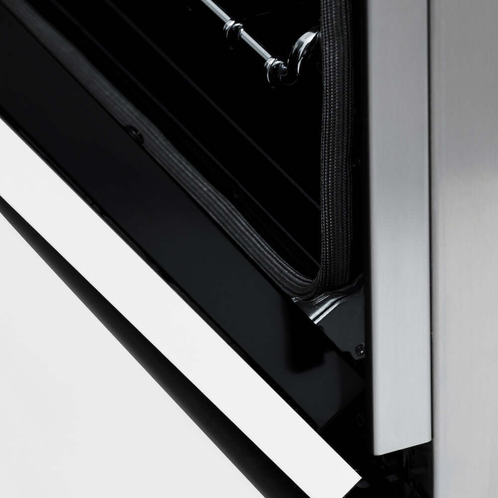 ZLINE Autograph Edition 30 in. 4.0 cu. ft. Legacy Dual Fuel Range with 4 Burner Gas Cooktop and Electric Convection Oven in Satin Stainless Steel with White Matte Door and Polished Gold Accents (RASZ-WM-30-G) detail StayPut oven door hinges.