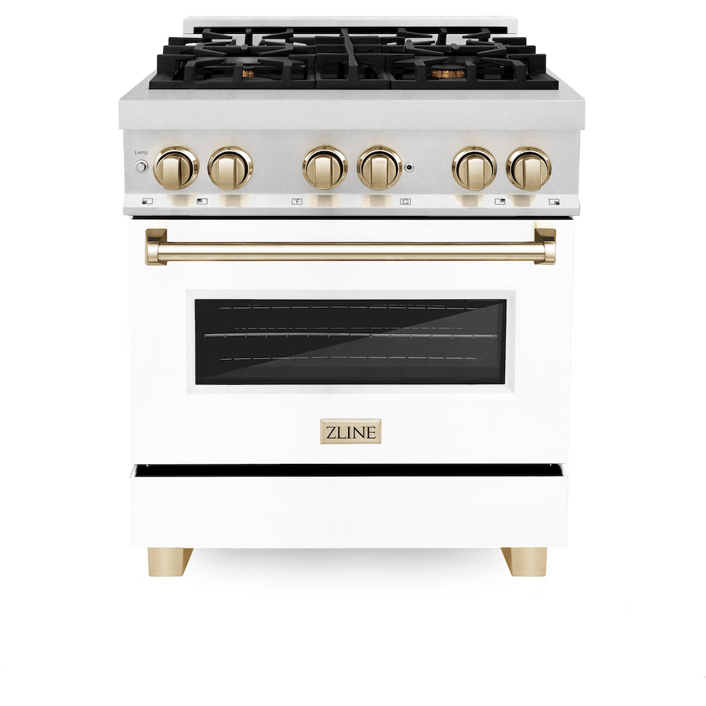 ZLINE Autograph Edition 30" Dual Fuel Range with White Matte Oven Door and Polished Gold accents, front.
