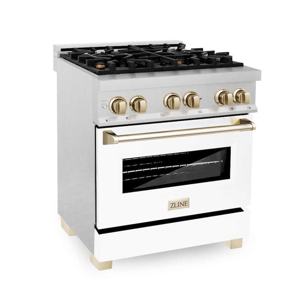 ZLINE Autograph Edition 30" Dual Fuel Range in DuraSnow® Stainless Steel with White Matte Oven Door and Polished Gold Accents.